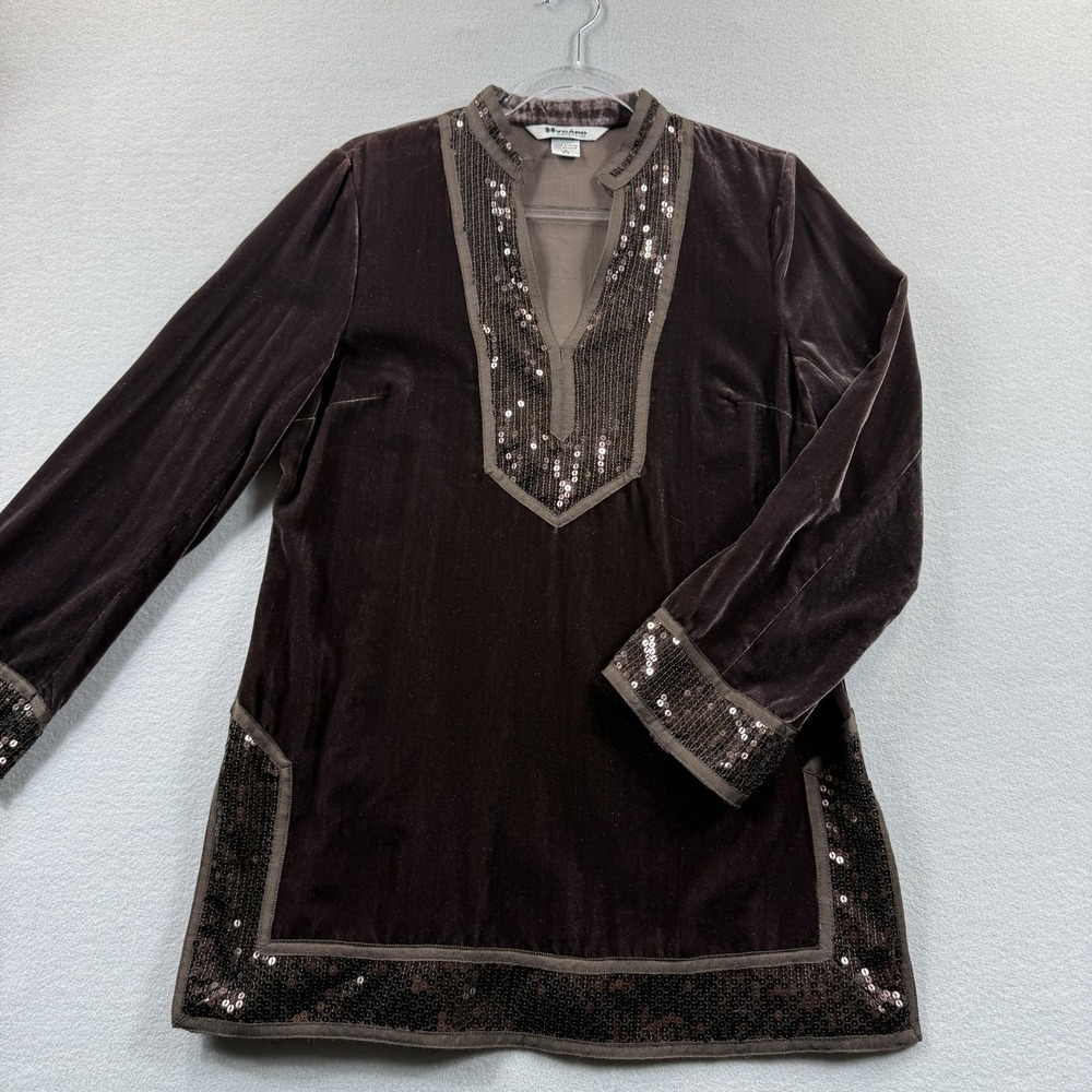 Nygard Collection Blouse Womens Small Brown Velvet Sequin Tunic Long Sleeve Top